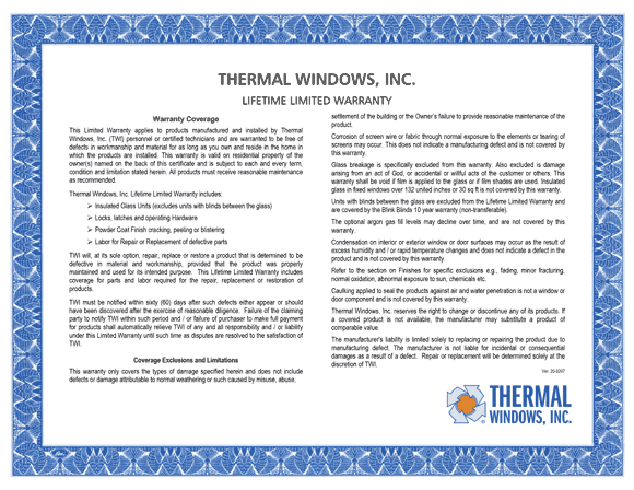 Thermal Barrier window warranty